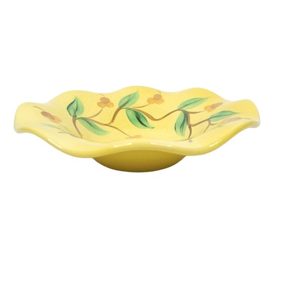 Gail Pittman Pottery Fluted Serving Bowl Yellow Acorn Vine 10.5 In Vintage 2002